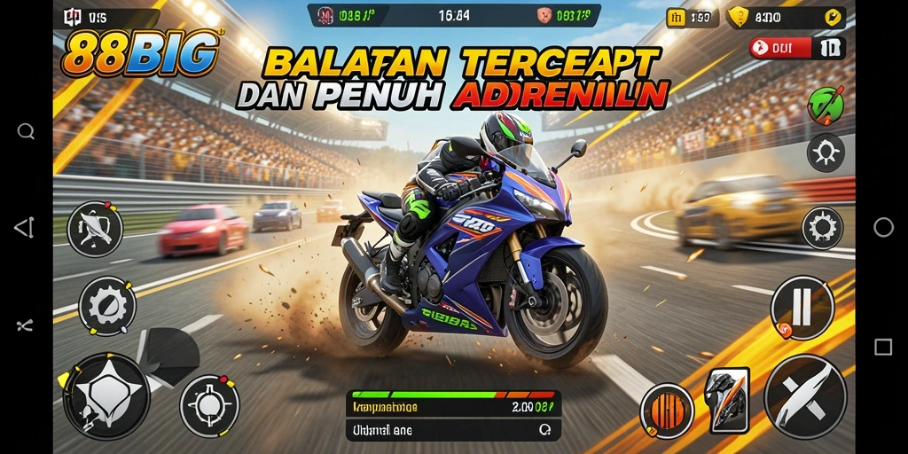 Screenshot gameplay 88BIG menunjukkan motor balap yang melintasi trek yang menantang.