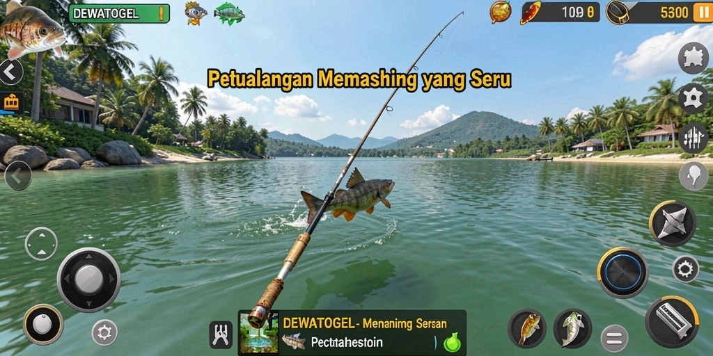 Screenshot gameplay DEWATOGEL menampilkan aksi memancing yang menarik.