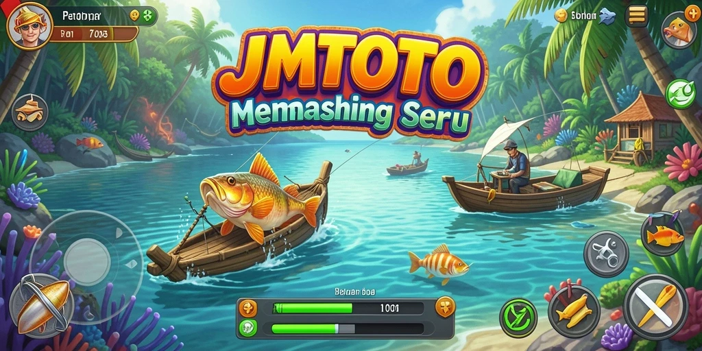 Screenshot gameplay JMTOTO menampilkan keseruan memancing ikan di laut.