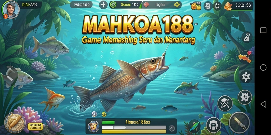 Tampilan gameplay MAHKOTA188 dengan memancing ikan besar di lautan.