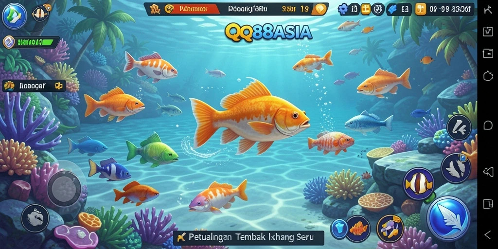 Gameplay seru dalam QQ88ASIA dengan berbagai ikan berwarna-warni.