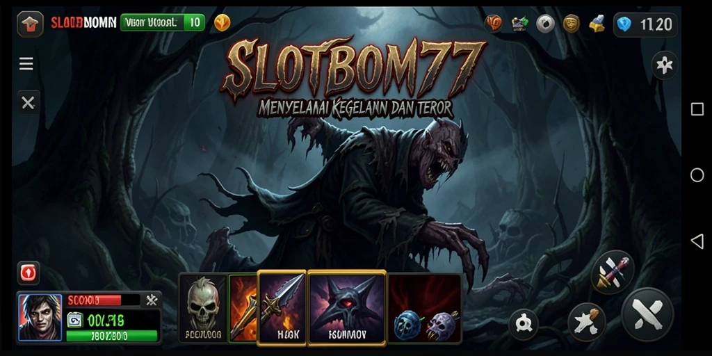 Tampilan gameplay menegangkan dalam SLOTBOM77 yang penuh kegelapan.